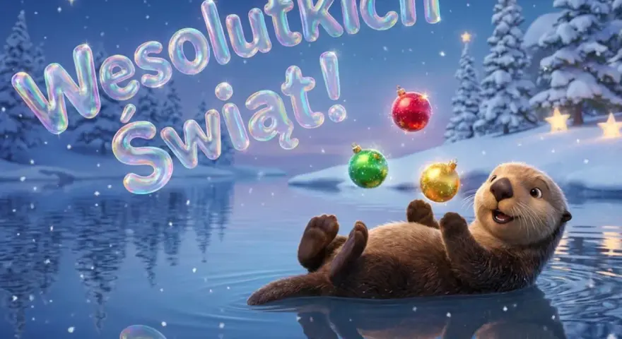 Wesołych Świąt! Wydra bawi się bombkami w zimowej scenerii, jakby czytała wierszyki na Boże Narodzenie.