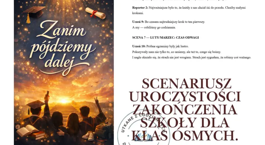 Scenariusz uroczystości zakończenia szkoły dla klas ósmych "Zanim pójdziemy dalej". Jak napisać list pożegnalny? Uczniowie patrzą na schody do słońca.