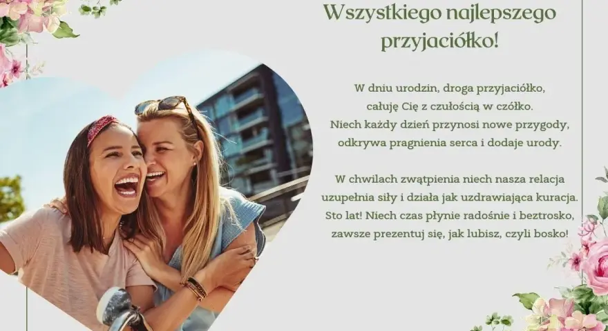 Krótkie życzenia urodzinowe dla koleżanki: dwie przyjaciółki śmieją się, otoczone kwiatami.