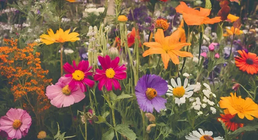 Kolorowy ogród pełen kwiatów, gdzie różowe, fioletowe i żółte kwiaty tworzą bukiet. 18 róż znaczenie to miłość i piękno.