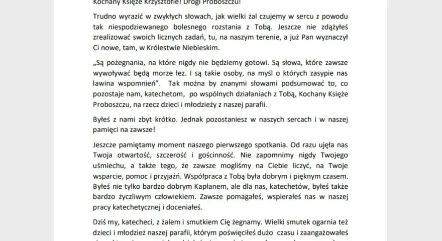 Wzór pożegnania rodziny w imieniu zmarłego. List od katechetów wyraża głęboki żal po odejściu księdza, wspominając jego dobroć i zaangażowanie.