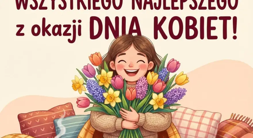 Uśmiechnięta dziewczynka z bukietem wiosennych kwiatów, kotek i kubek gorącej czekolady. Najlepsze życzenia z okazji Dnia Kobiet!