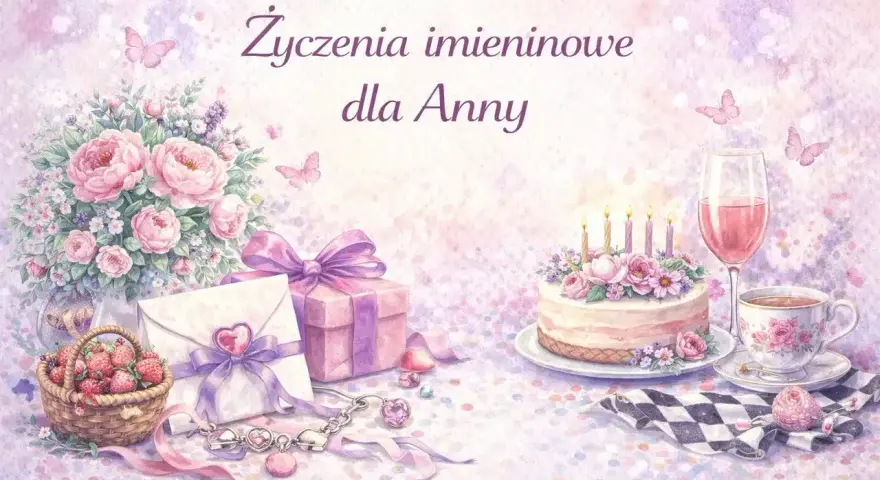 Urocza kartka z okazji imienin Anny: bukiet róż, tort, prezenty, koszyk truskawek i napoje.