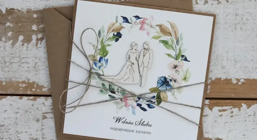 Eleganckie zaproszenie ślubne z wianuszkiem kwiatów i parą młodą. Piękne życzenia na ślub.