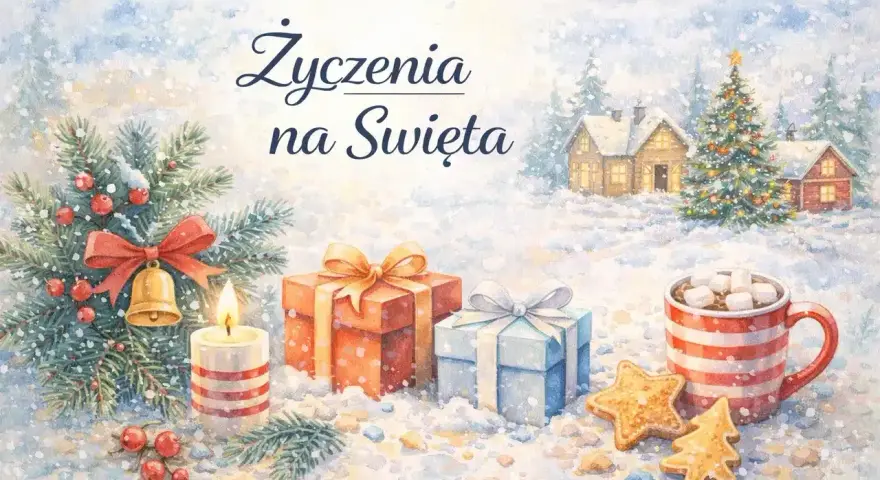 Życzenia na Święta: prezenty, choinka, świeca i kubek gorącej czekolady. Niech będą to zdrowych spokojnych świąt.