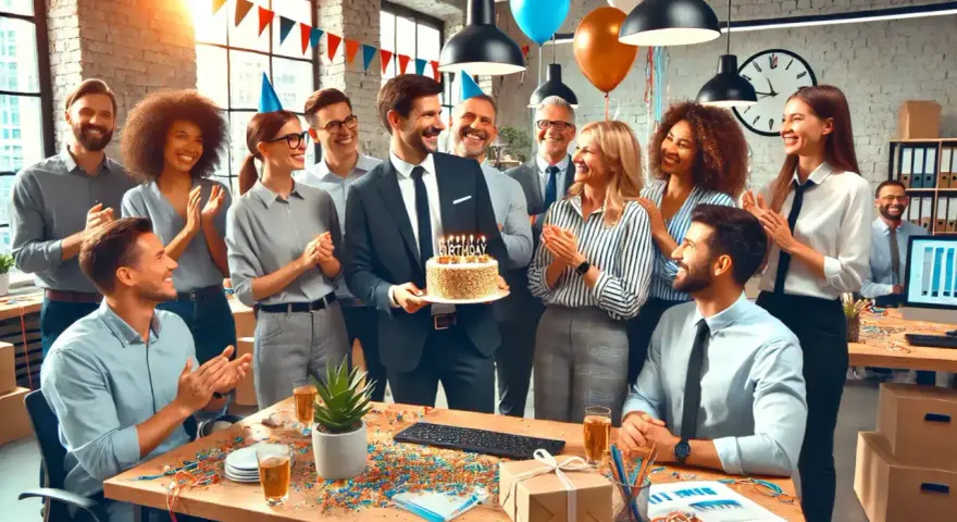 Zespół świętuje urodziny szefa, wręczając mu tort ze świeczkami. Wszyscy klaszczą, tworząc radosną atmosferę.