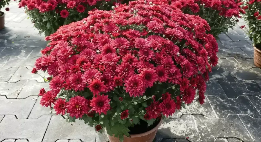 Kaskada czerwonych chryzantem w doniczce. Ich bogactwo symbolizuje radość i optymizm, a chryzantemy znaczenie mają głębokie, często związane z jesienią i pamięcią.