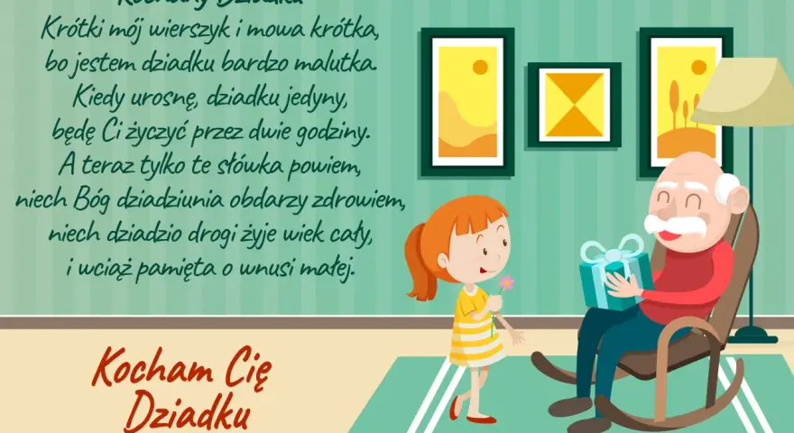Piękne życzenia urodzinowe dla wnuczki dla ukochanego Dziadka. Wnuczka wręcza prezent i kwiatka.