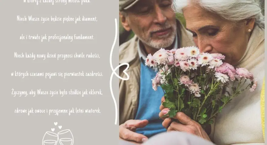 Para świętuje 60 rocznicę ślubu. Kobieta wącha bukiet kwiatów, mężczyzna patrzy z czułością.