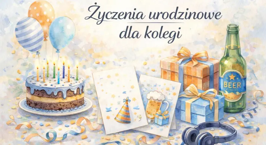 Mądre życzenia urodzinowe dla kolegi: tort, balony, prezenty, piwo i słuchawki.