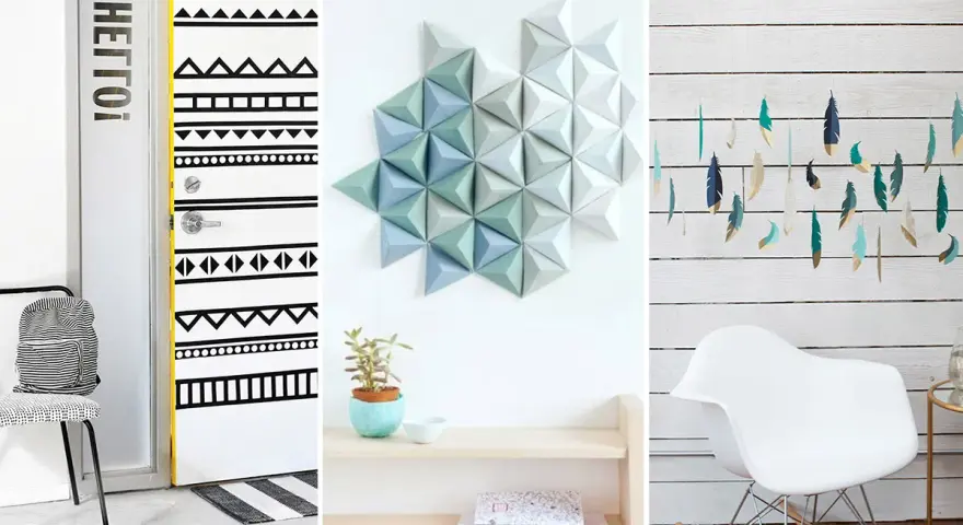 Inspirujące dekoracje DIY: drzwi w etniczne wzory, geometryczna ozdoba na ścianę i piórka-girlanda.