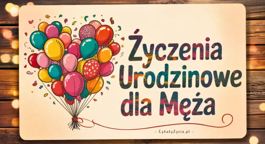Kolorowe balony unoszą się, tworząc serce, a napis "Życzenia urodzinowe dla Męża" zapowiada radosne świętowanie.