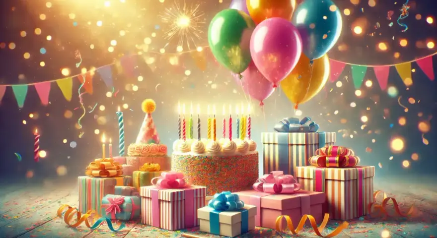 Wspaniałe życzenia na 50 urodziny! Tort, prezenty, balony i konfetti tworzą magiczną atmosferę.