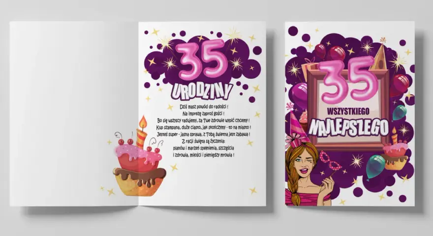 Wesołe życzenia na 35 urodziny z tortem i balonami. Jubilatce życzymy spełnienia marzeń, szczęścia i miłości.