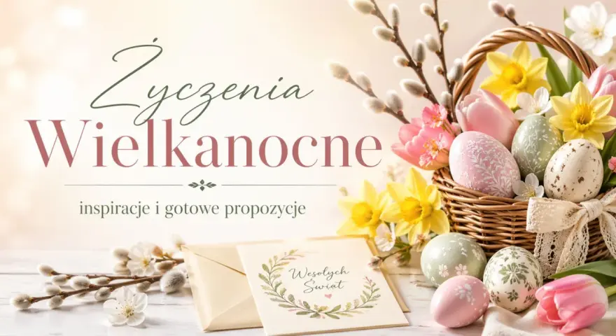 Wielkanocne inspiracje i mądre życzenia. Koszyk pełen barwnych pisanek, tulipanów i żonkili.