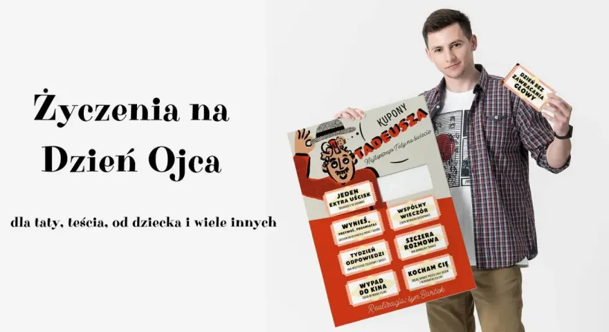 Zestaw kuponów z życzeniami dla taty na urodziny: "Dzień bez zawracania głowy", "Wspólny wieczór" i inne.