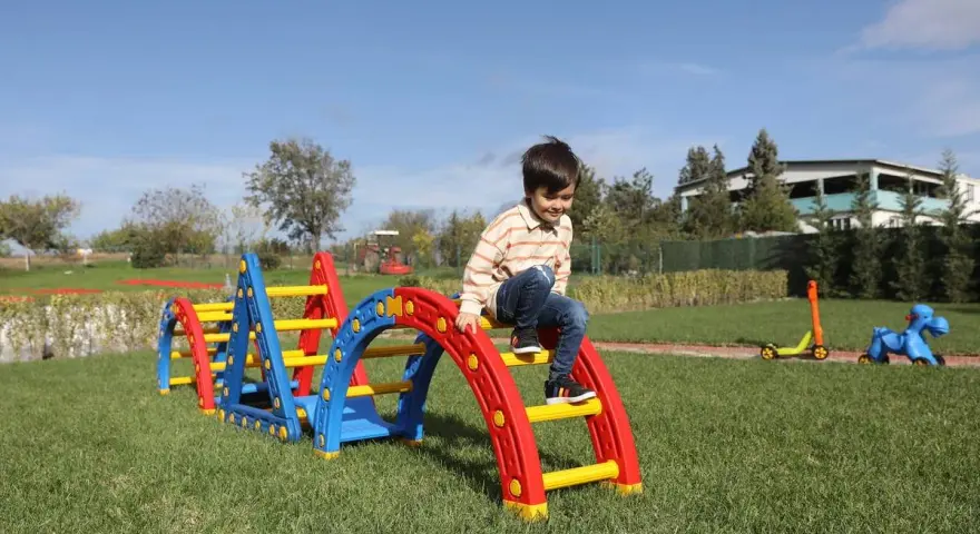 Kolorowy plac zabaw w ogrodzie to świetne atrakcje na urodziny dziecka. Chłopiec wspina się po zjeżdżalni, a obok stoi jeździk i konik na biegunach.