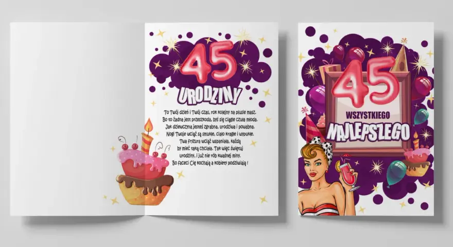 Wesołe życzenia na 45 urodziny z tortem i kieliszkiem drinka. Jubilatka w stylu pin-up świętuje 45 lat!