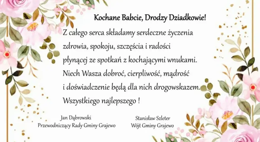 Serdeczne życzenia z okazji Dnia Babci i Dziadka, z kwiatową ramką. Niech dobroć i mądrość Wasza będą drogowskazem dla wnuków.