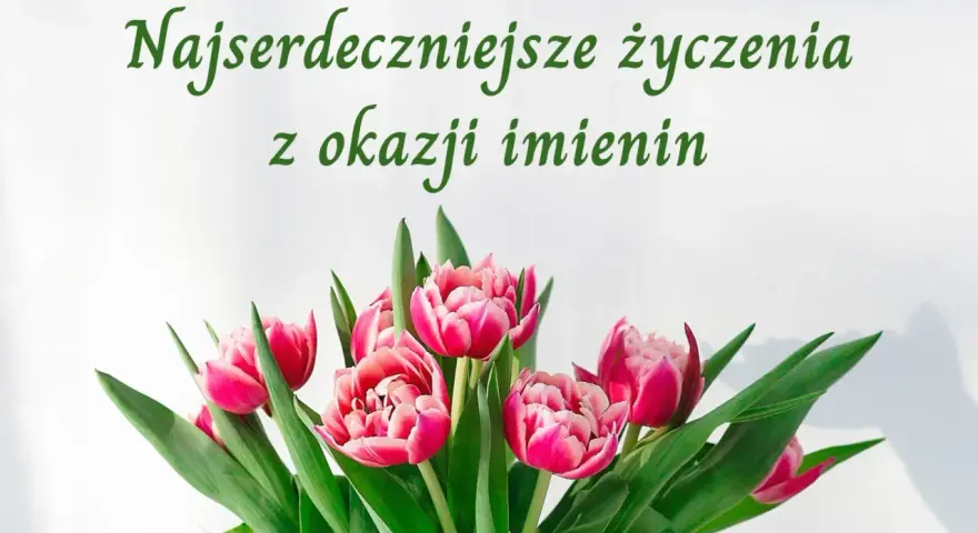 Piękne, różowe tulipany z zielonymi liśćmi. Napis "Najserdeczniejsze życzenia z okazji imienin" idealnie nadaje się na krótkie życzenia imieninowe dla dzieci.