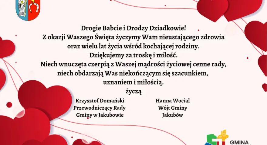 Życzenia świąteczne dla babci i dziadka z Gminy Jakubów. Serdeczne pozdrowienia i podziękowania za miłość.
