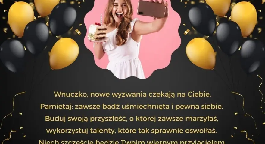 Wzruszające życzenia urodzinowe dla córki na 18. Uśmiechnięta dziewczyna z tortem i balonami.