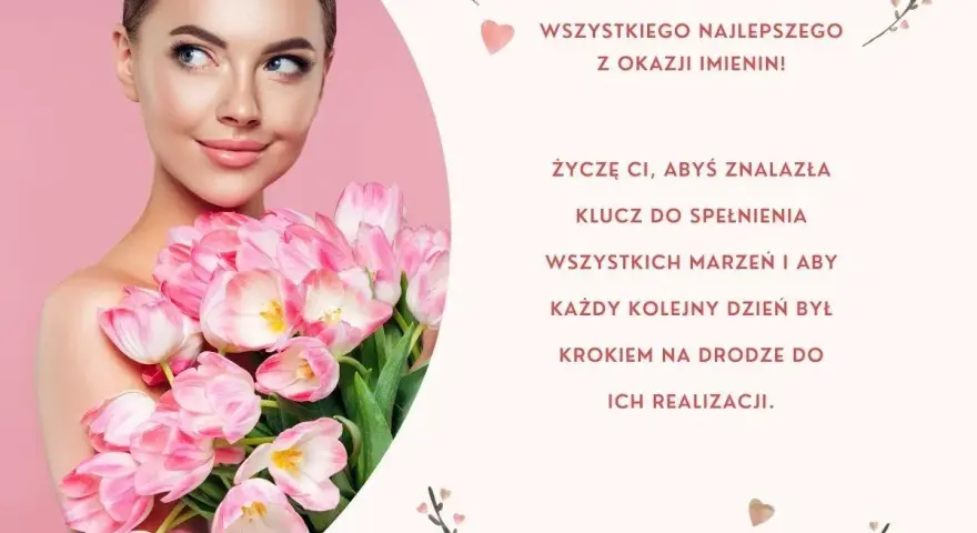 Kobieta z bukietem różowych tulipanów. Życzenia wszystkiego najlepszego w dniu imienin, by spełniały się marzenia.