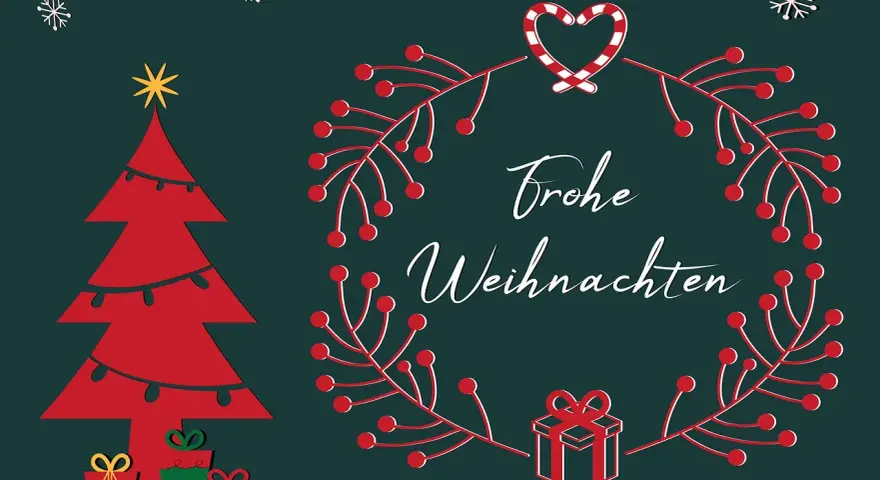 Wesołych Świąt! Kartka z choinką, prezentami i wiankiem z gałązek, a w środku życzenia na Boże Narodzenie po niemiecku.