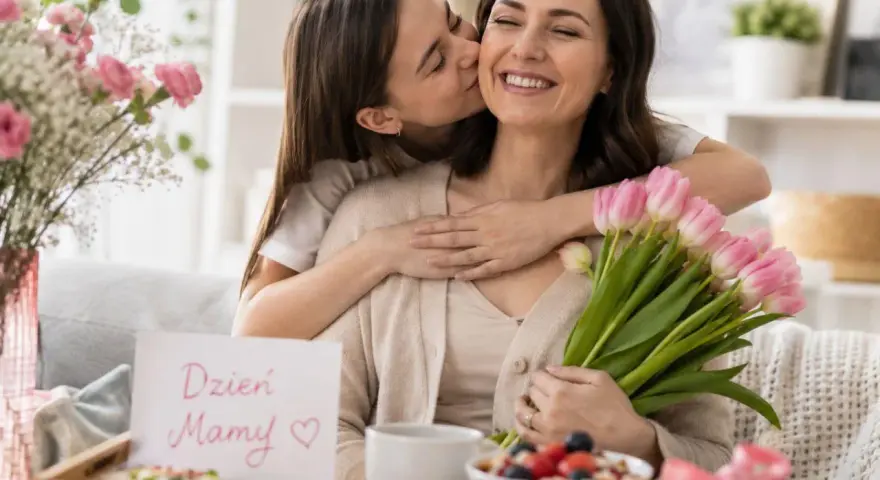 Córka całuje mamę w policzek, wręczając jej bukiet różowych tulipanów i kartkę "Dzień Mamy". 26.05 imieniny.