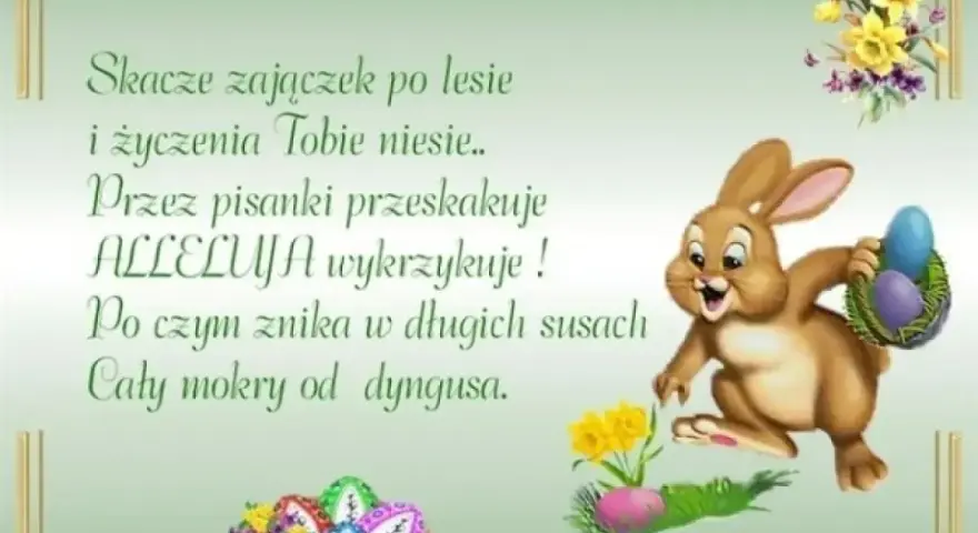 Wesoły zajączek z koszyczkiem pisanek niesie życzenia i krótkie wierszyki wielkanocne.