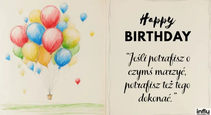Balony unoszą się w powietrzu, towarzysząc życzeniom "Happy Birthday". Cytaty na urodziny przypominają, że marzenia się spełniają.