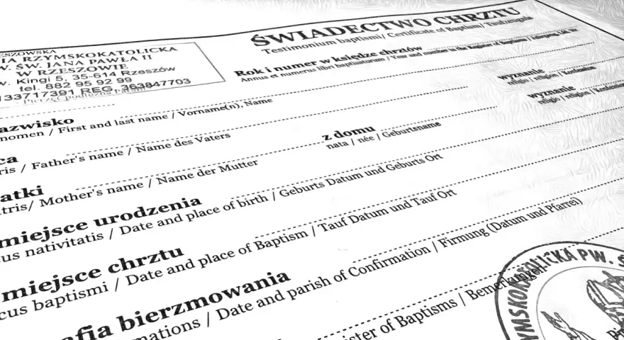 Świadectwo chrztu, dokumenty do chrztu bez ślubu. Wpisane dane rodziców, daty i miejsca urodzenia oraz chrztu.