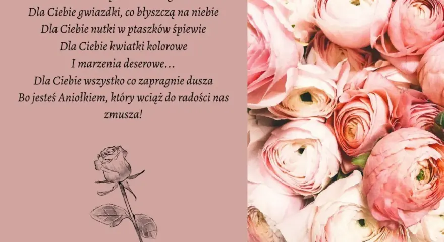 Krótkie życzenia urodzinowe na FB: bukiet róż i wiersz o aniołku.