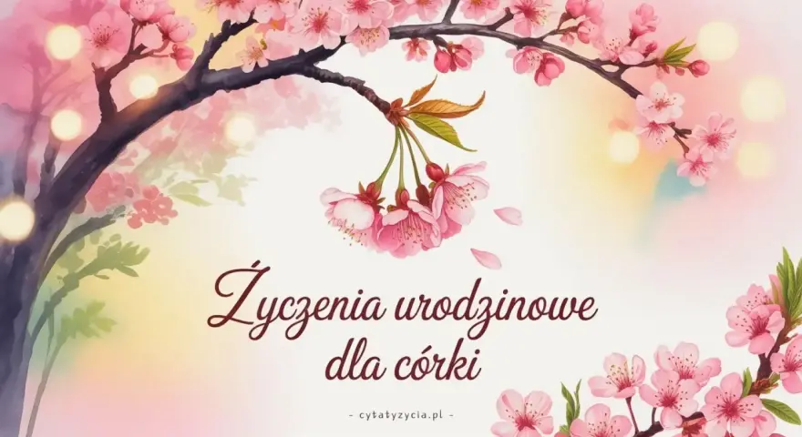 Kwiaty wiśni i delikatne światła tworzą tło dla wyjątkowych życzeń urodzinowych dla córki.