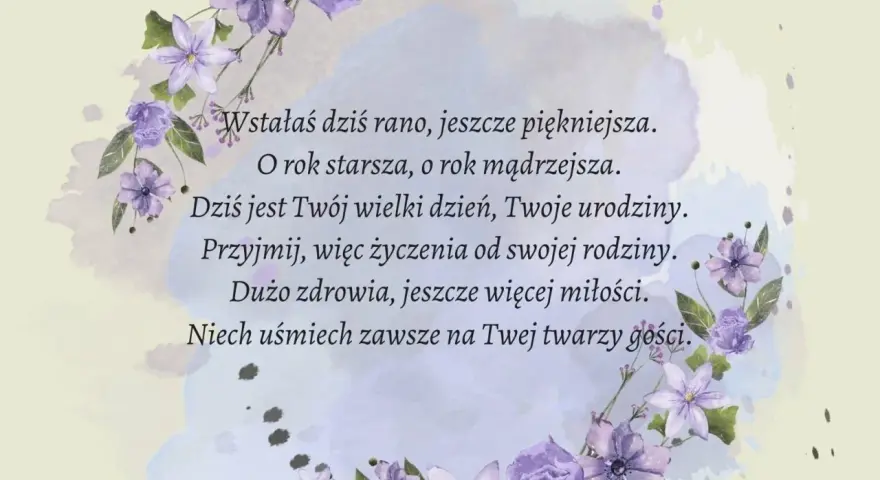 Wzruszające życzenia urodzinowe dla znajomego, otoczone fioletowymi kwiatami.