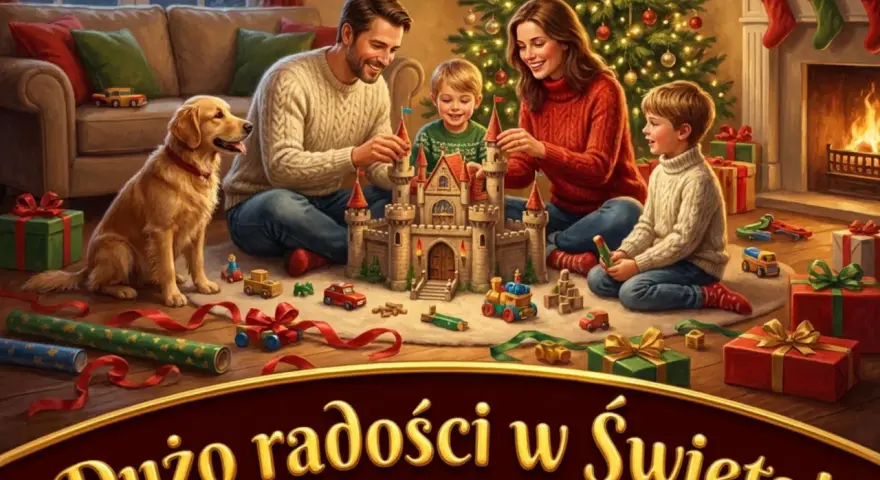 Rodzina buduje zamek z klocków przy choince, piesek patrzy. Wesołych Świąt!
