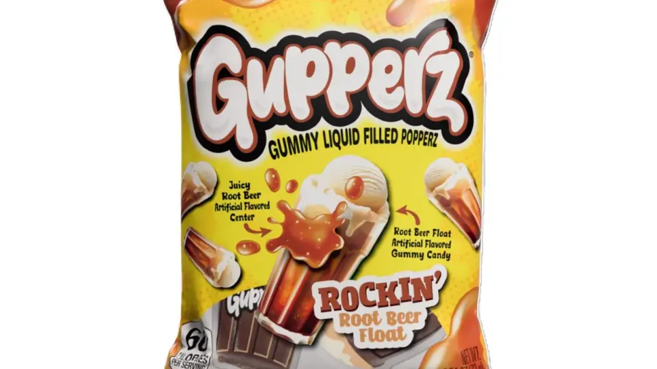 Opakowanie Gupperz z gumą o smaku root beer float. Płynne nadzienie i żelki w kształcie lodów.