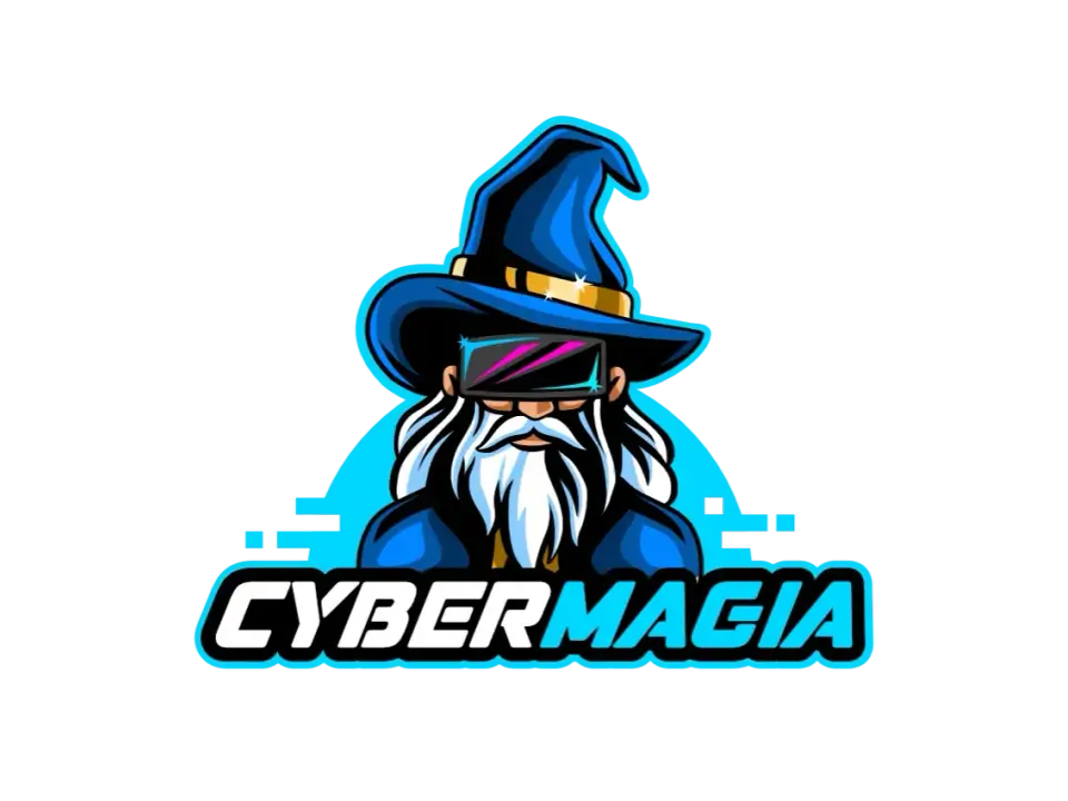 Czarodziej w goglach VR, gotowy na Urodziny z VR w Katowicach. Logo "Cybermagia".