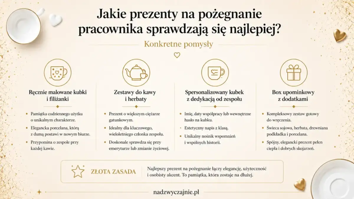 Pomysły na prezenty pożegnalne dla pracownika: ręcznie malowane kubki, zestawy do kawy, spersonalizowane kubki z dedykacją, boxy upominkowe.