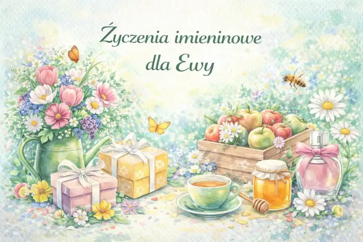 Tradycyjne życzenia imieninowe dla Ewy: bukiet kwiatów, prezenty, jabłka, miód i herbata.