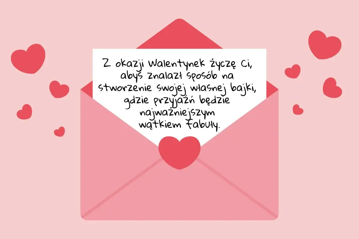 Walentynkowa kartka z kopertą i serduszkami. Życzenia dla koleżanki: