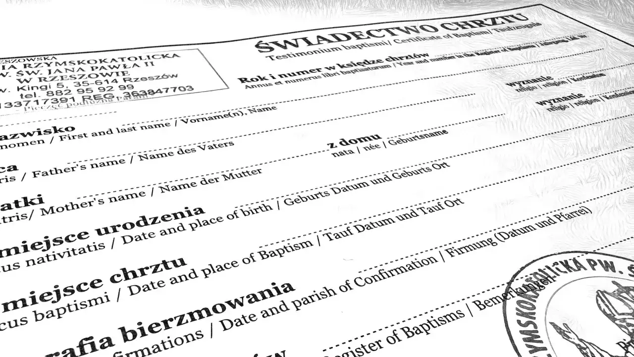 Świadectwo chrztu z danymi rodziców, miejsca urodzenia i chrztu, a także informacje o bierzmowaniu. Wymagania dotyczące chrztu są tu jasno określone.