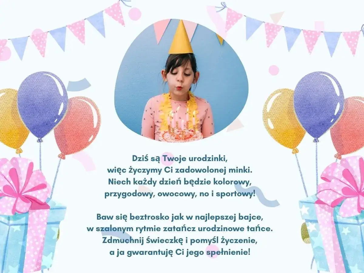 Dziewczynka zdmuchuje świeczki na torcie. Krótkie życzenia urodzinowe dla chłopca: niech każdy dzień będzie kolorowy i sportowy!