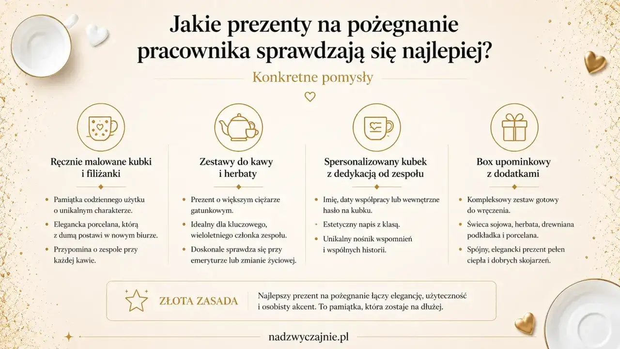 Pomysły na prezenty pożegnalne dla pracownika: ręcznie malowane kubki, zestawy do kawy, spersonalizowane kubki z dedykacją, boxy upominkowe. Dawanie prezentów to piękny gest.