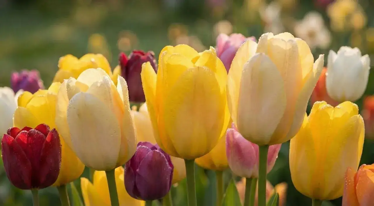 Wiosenne ciekawostki o tulipanach: żółte, białe, czerwone i fioletowe kwiaty w kroplach rosy.