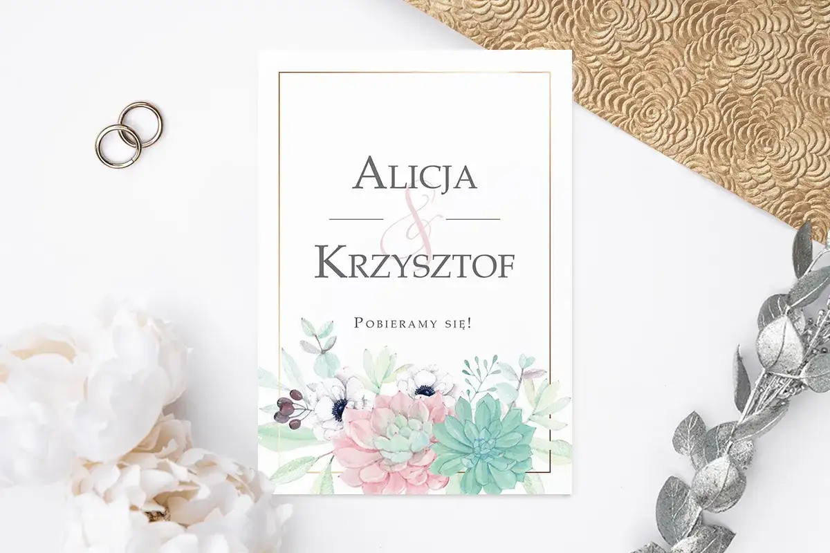 Piękne podziękowania dla Alicji i Krzysztofa. Zaproszenie ślubne z kwiatowym motywem i złotymi obrączkami.