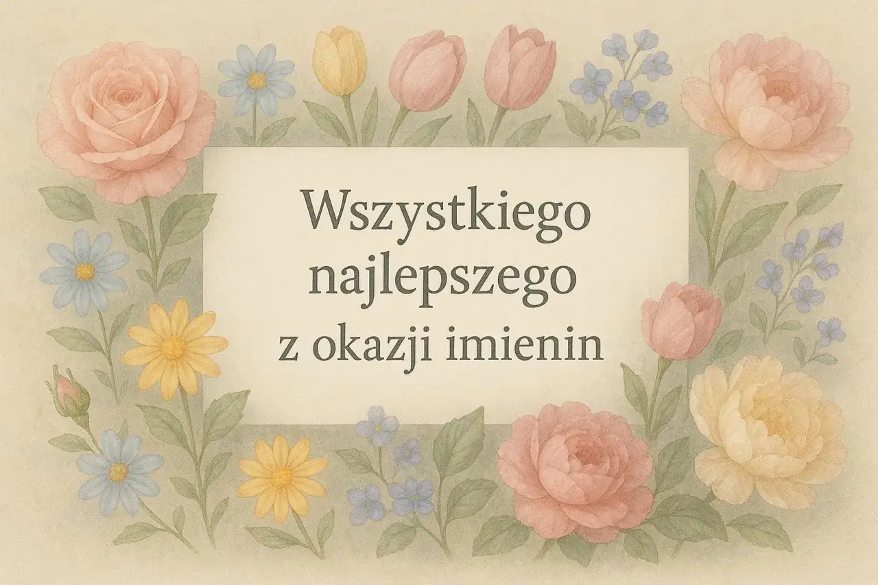 Kwiatowa ramka otacza napis 