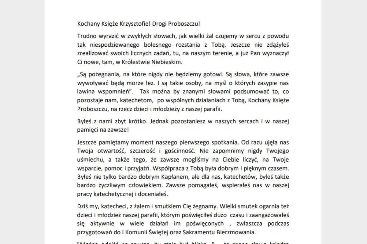 Wzór pożegnania rodziny w imieniu zmarłego. Ksiądz Krzysztof, proboszcz, odszedł do Królestwa Niebieskiego. Pozostawił po sobie wspomnienia i wdzięczność.