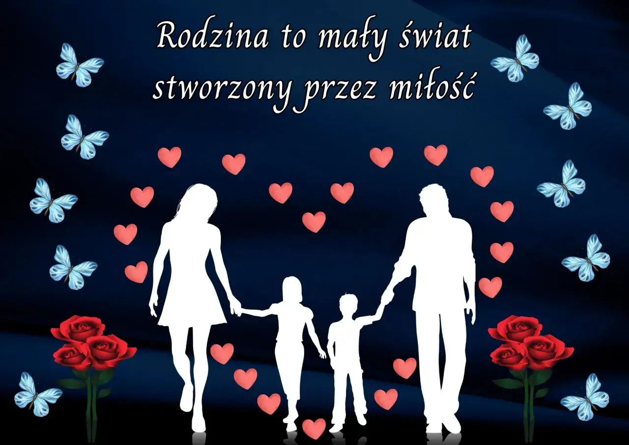 Rodzina to mały świat stworzony przez miłość. Białe sylwetki rodziców i dzieci, otoczone serduszkami i motylami, idealne na Dzień Mamy.