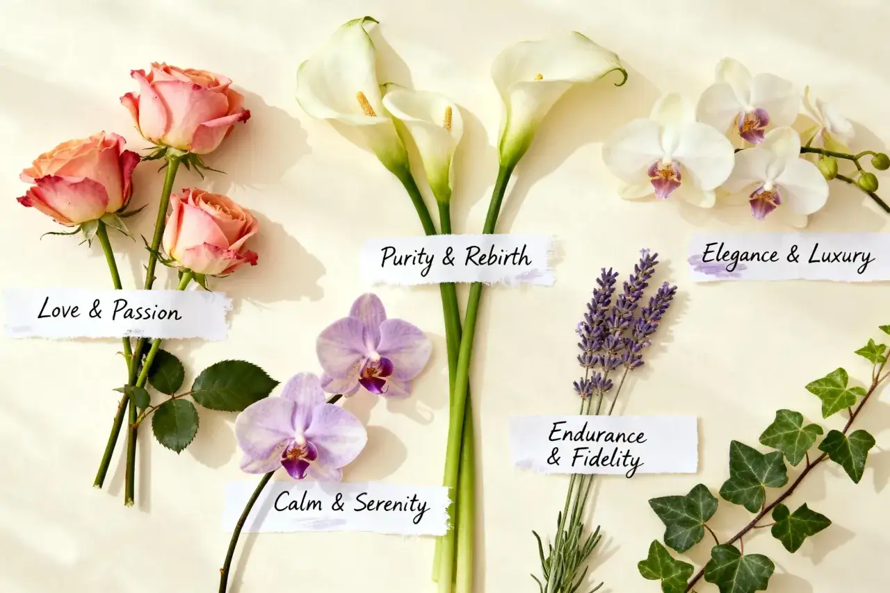 Róże symbolizują miłość, kalie czystość, orchidee elegancję, lawenda wierność, a bluszcz trwałość. Każdy kwiat to symbol przypisany do imienia.